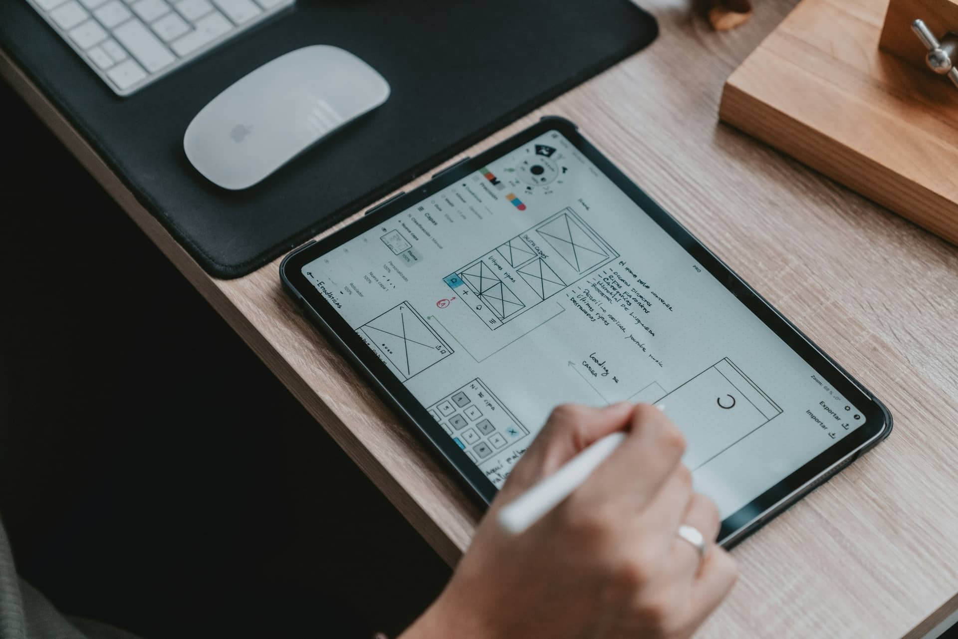 Kalemle web arayüz telkârı çizen bir tasarım masası