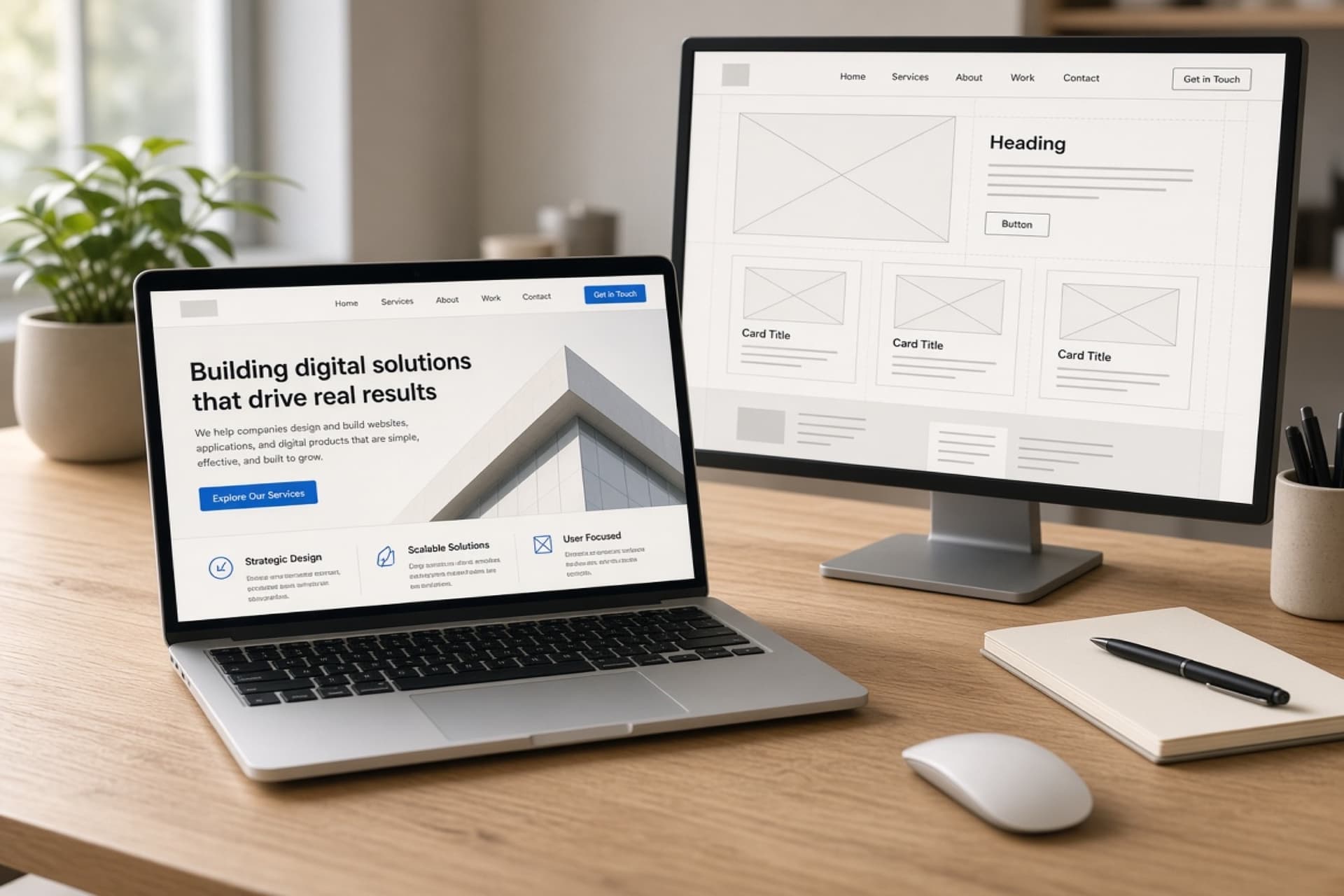Web tasarım stüdyosu — dizüstü ve monitörde kurumsal site arayüzü
