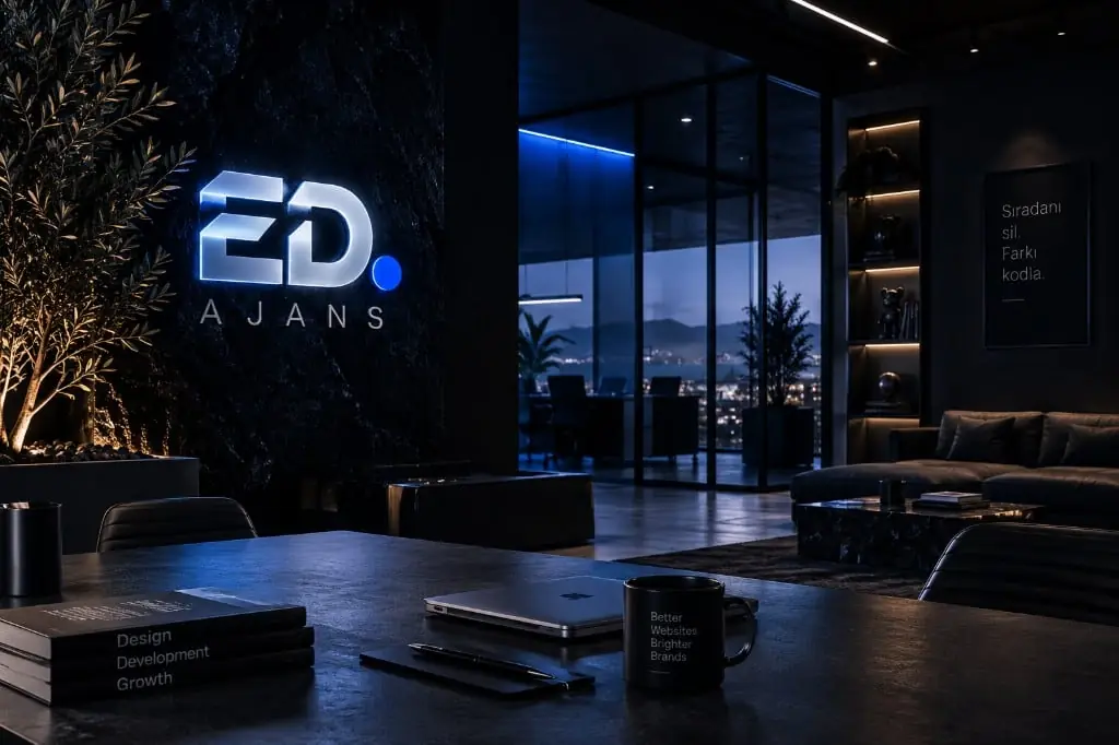 ED AJANS — karanlık ofis atmosferi ve ışıklı marka duvarı