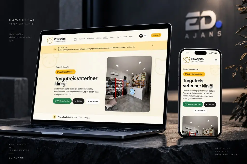 Pawspital Veteriner Kliniği web sitesi — masaüstü ve mobil görünüm